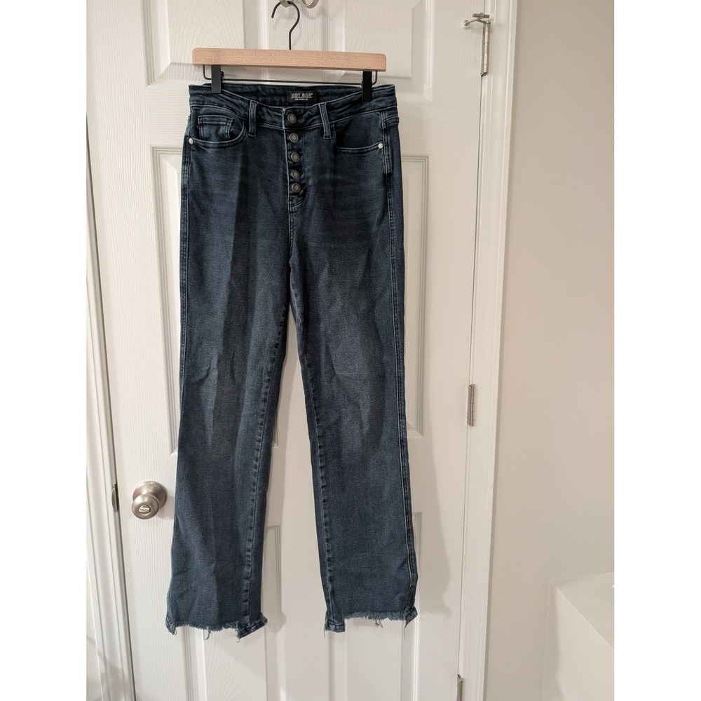 Judy Blue, 9/29, High Rise Button‎ Fly Straight Leg Jeans, Distressed Hem, Dark